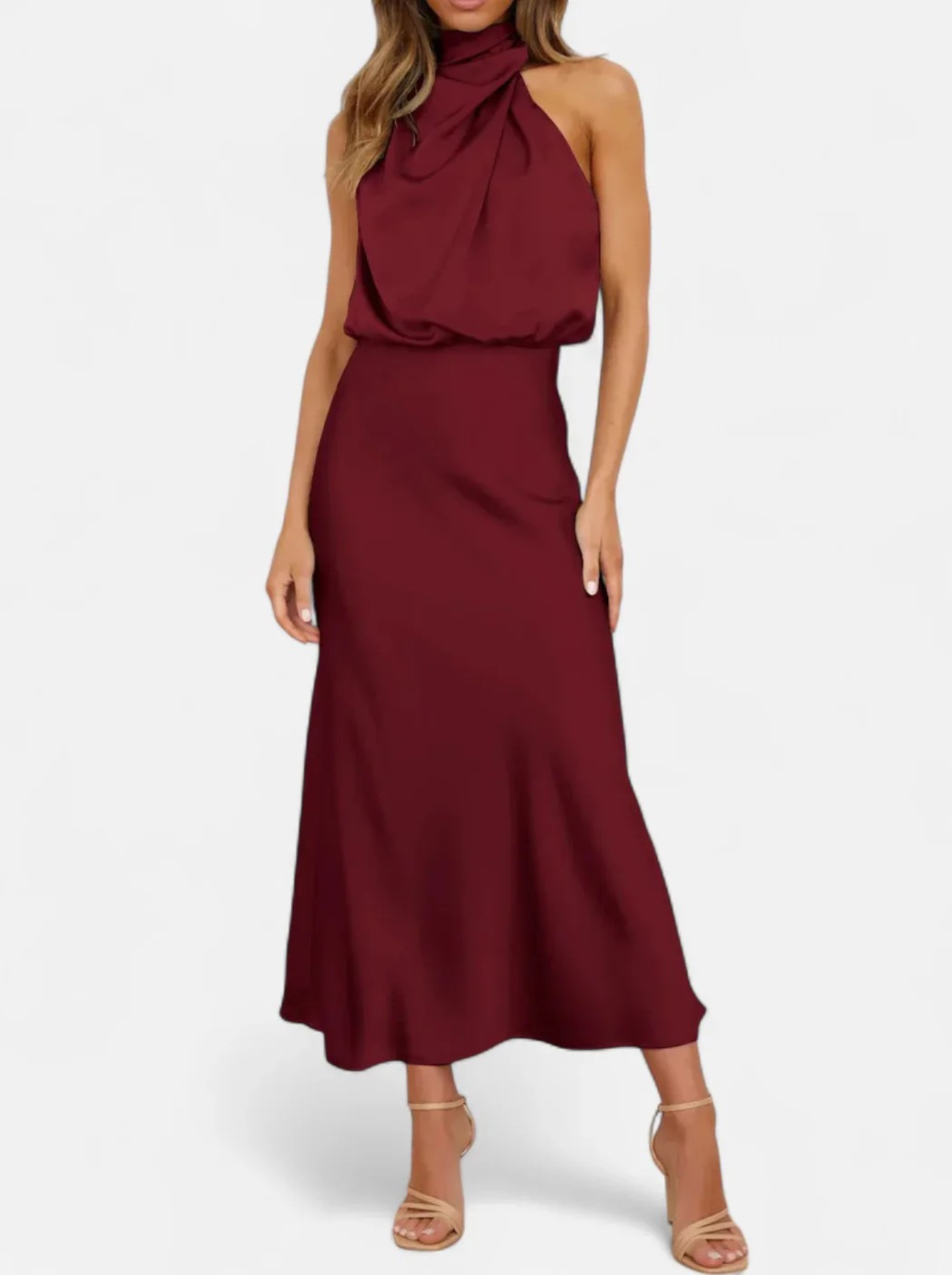 Women’s Satin Maxi Dress with Draped Neckline