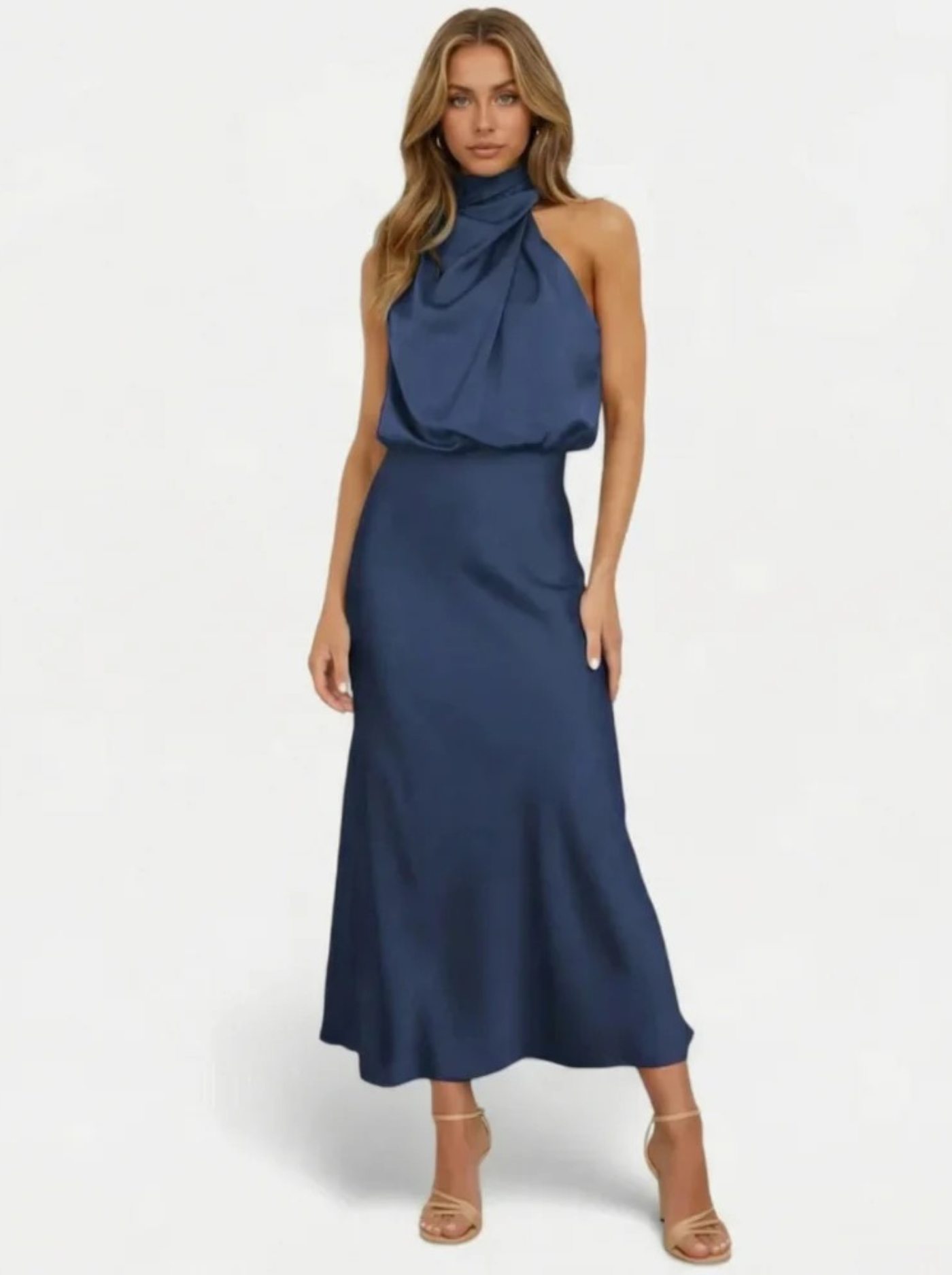 Women’s Satin Maxi Dress with Draped Neckline