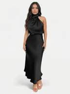 Women’s Satin Maxi Dress with Draped Neckline