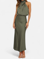 Women’s Satin Maxi Dress with Draped Neckline
