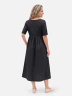 Women's Midi Dress with Linen-Look, Short Sleeves and Pockets