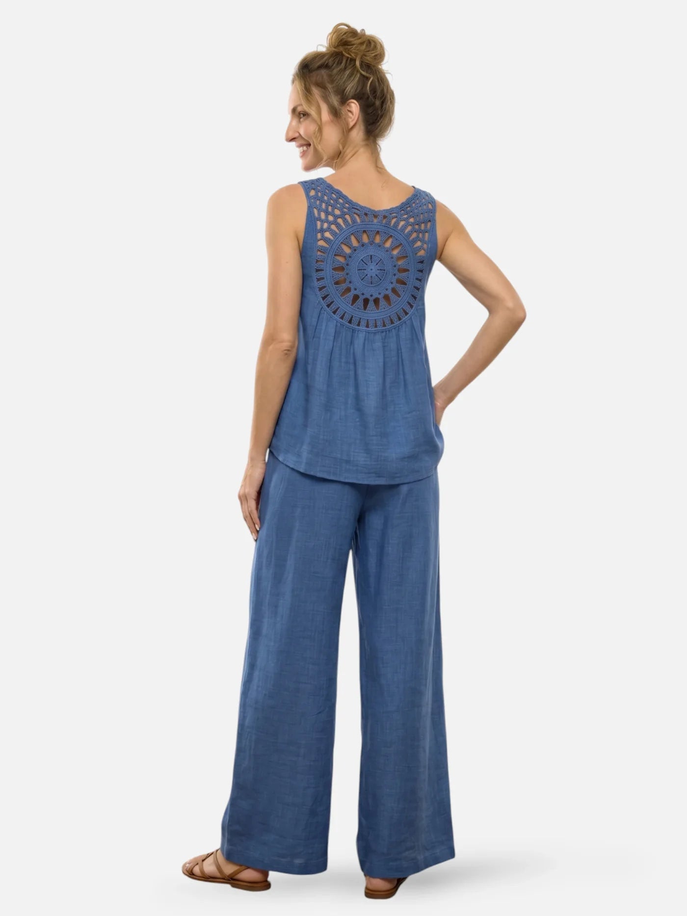 Women's Linen-Look Two-Piece Set with Crochet Back Detail