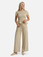 Women’s Textured Matching Set with Short Sleeve Top and Wide Leg Pants