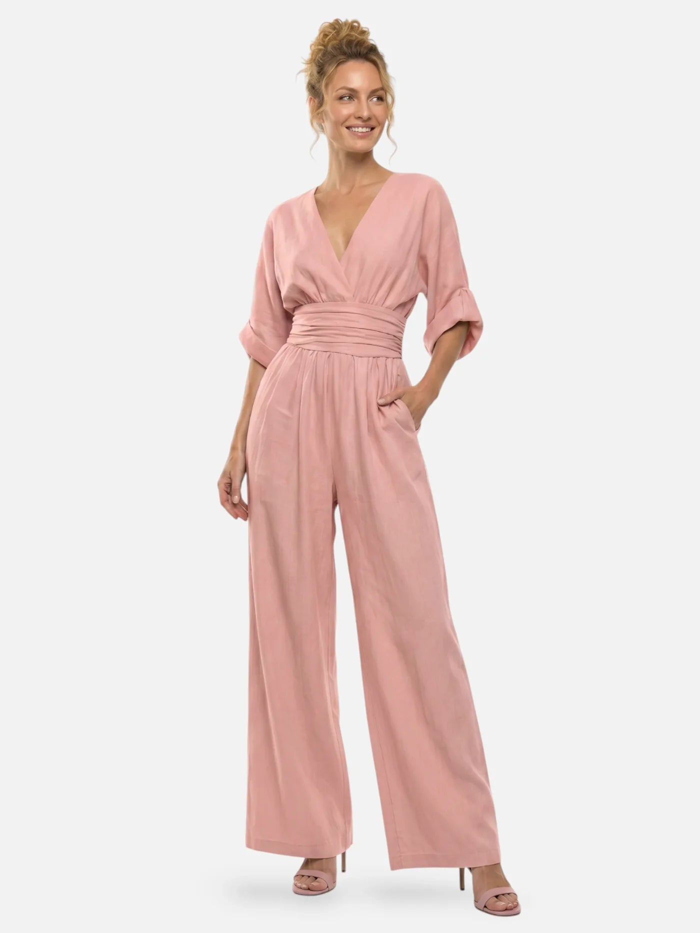 Women’s Wide Leg Jumpsuit – Elegant Wrap V-Neck Dressy One-Piece