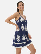 Women's Printed Slip Dress with Contrast Border and Criss-Cross Back