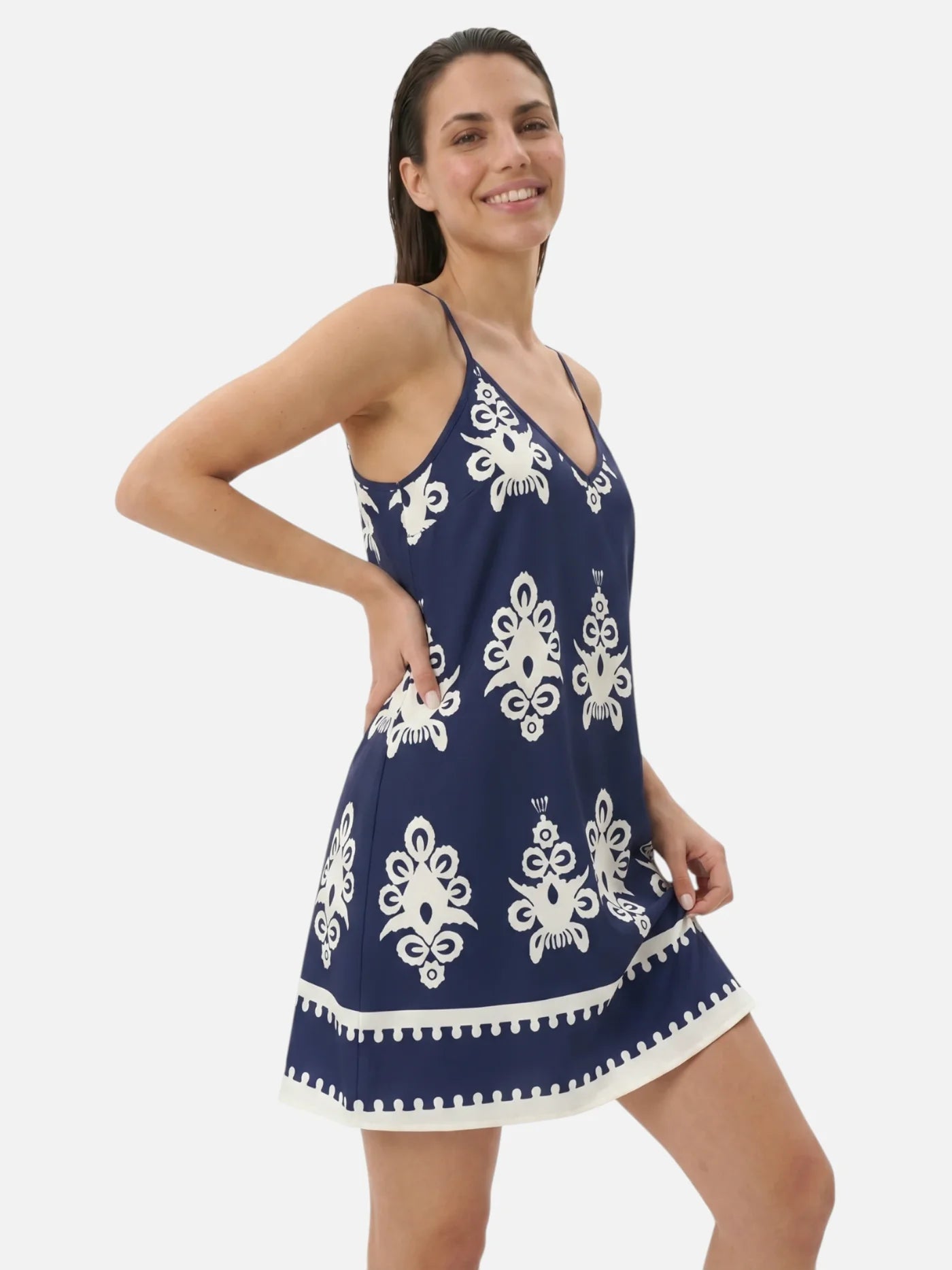 Women's Printed Slip Dress with Contrast Border and Criss-Cross Back