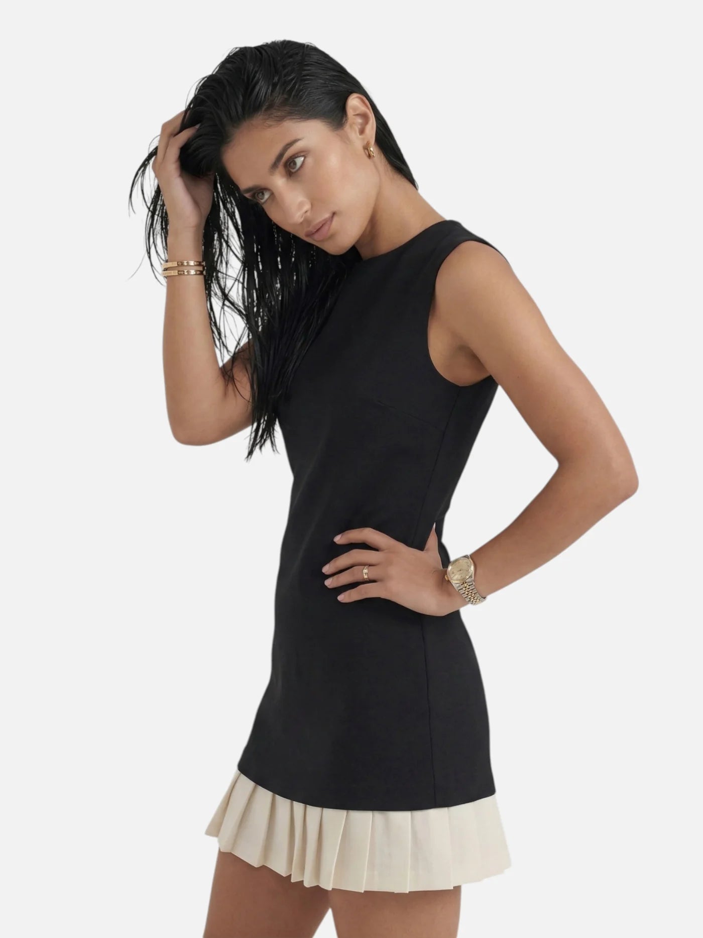 Women’s Sleeveless Mini Shift Dress with Contrast Pleated Hem