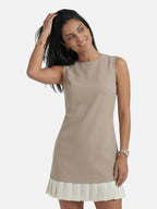 Women’s Sleeveless Mini Shift Dress with Contrast Pleated Hem