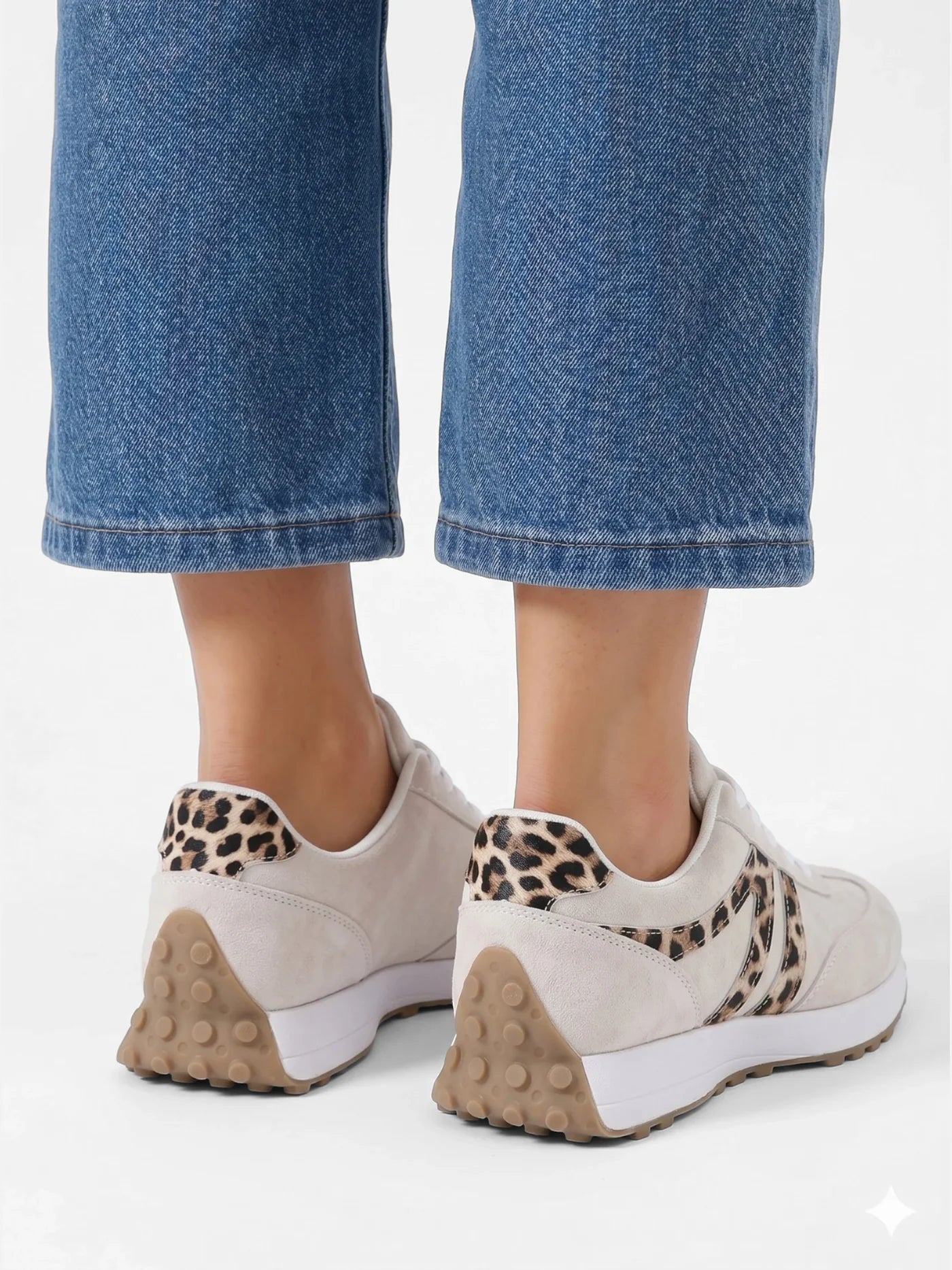 Women's Beige Sneakers with Leopard Print Accents