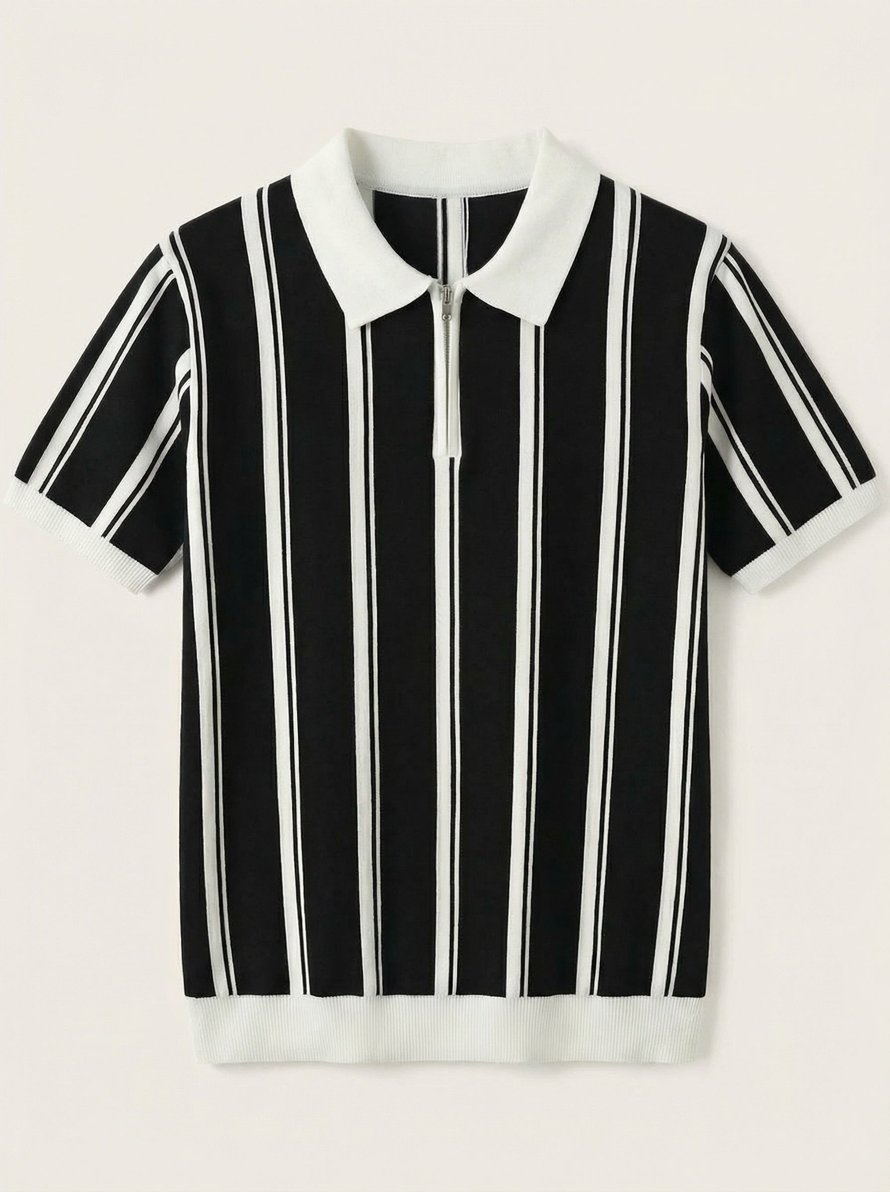 Men’s Striped Knit Polo Shirt with Zip Collar