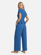 Women’s Textured Matching Set with Short Sleeve Top and Wide Leg Pants