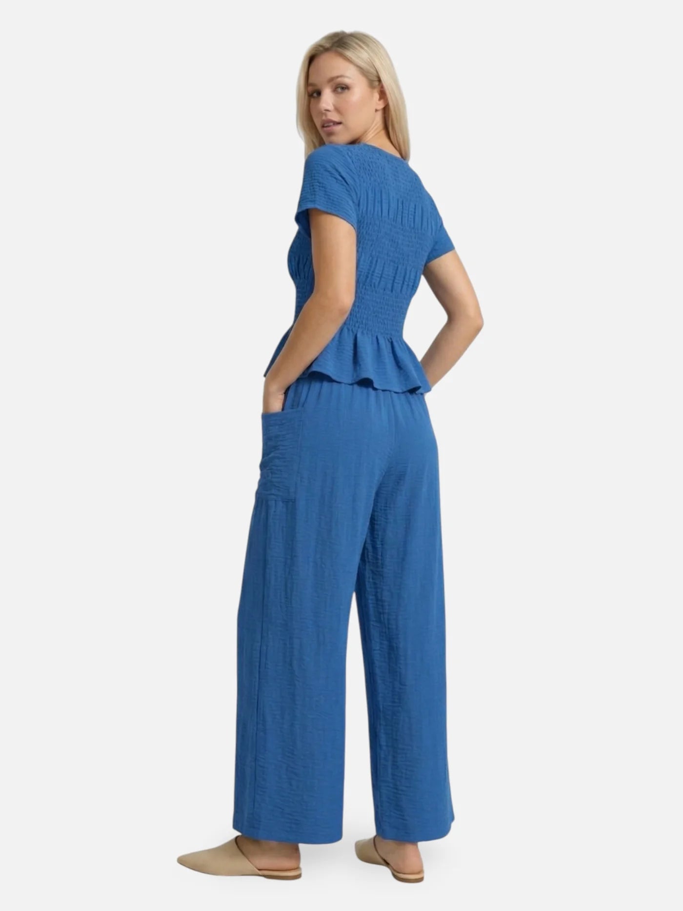 Women’s Textured Matching Set with Short Sleeve Top and Wide Leg Pants