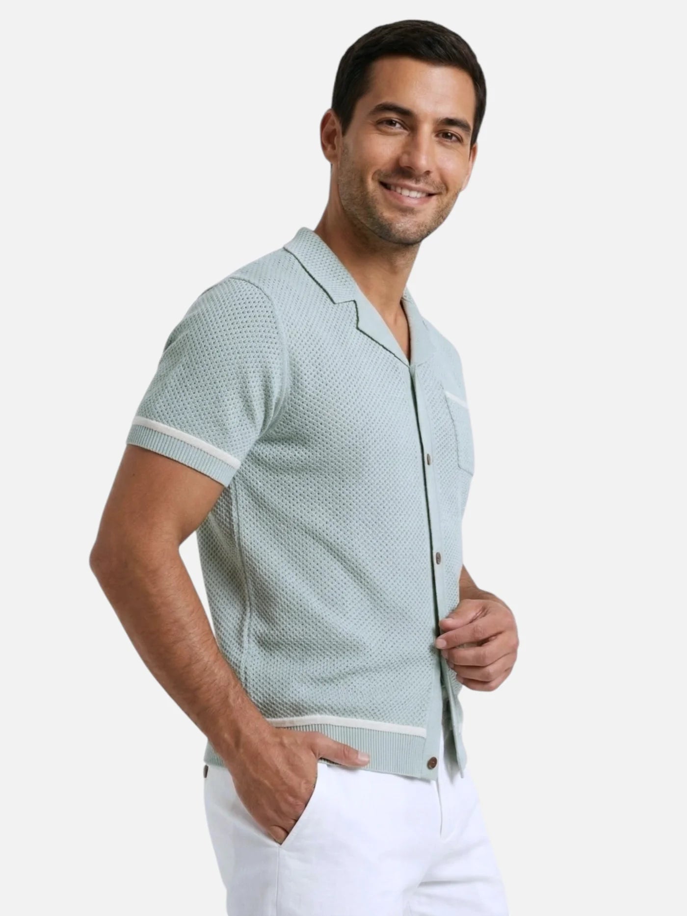 Men’s Breathable Knit Polo Shirt Open Collar Button Front Short Sleeve