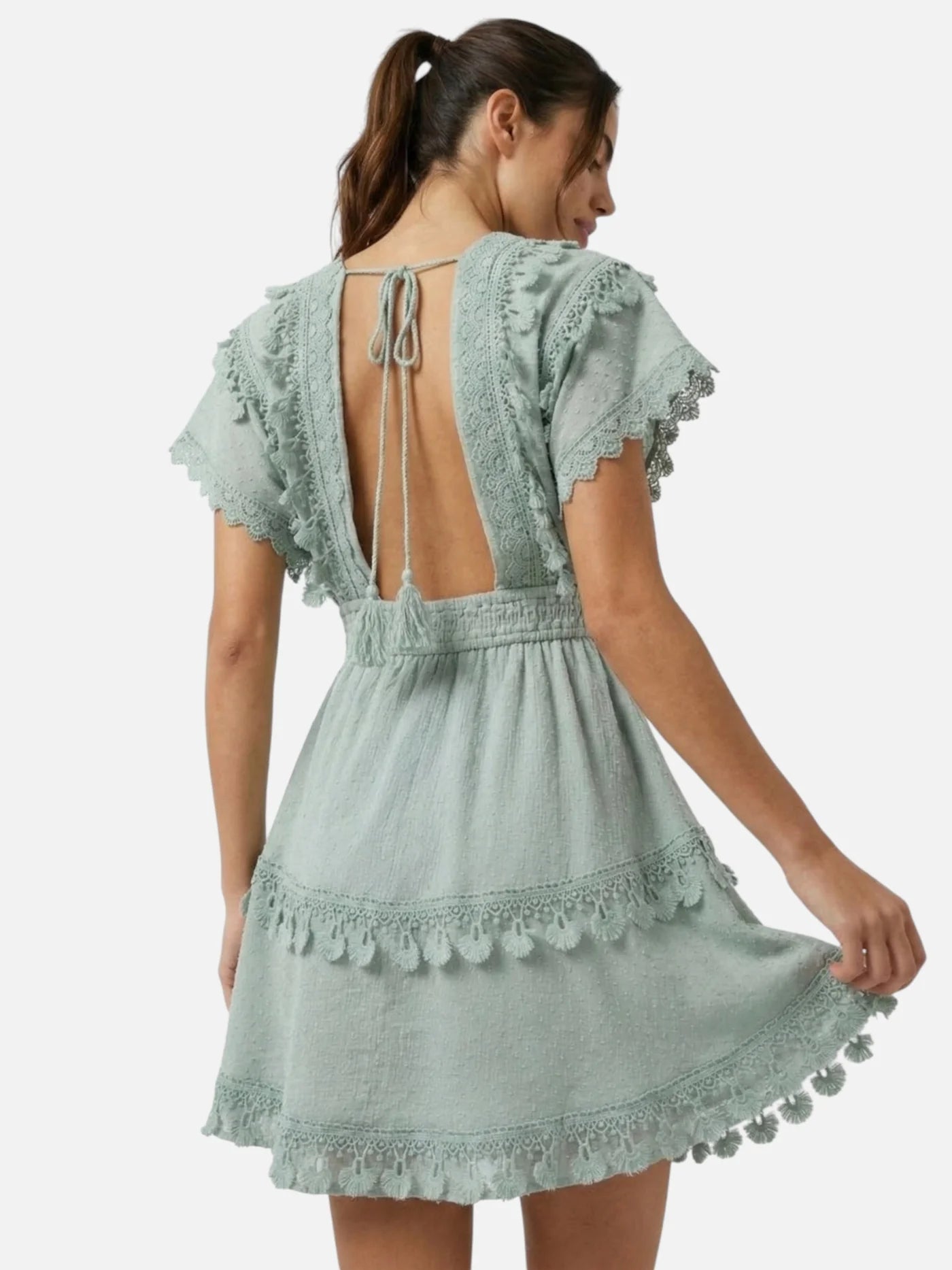 Women’s Boho Lace Mini Dress with Open Back Tie