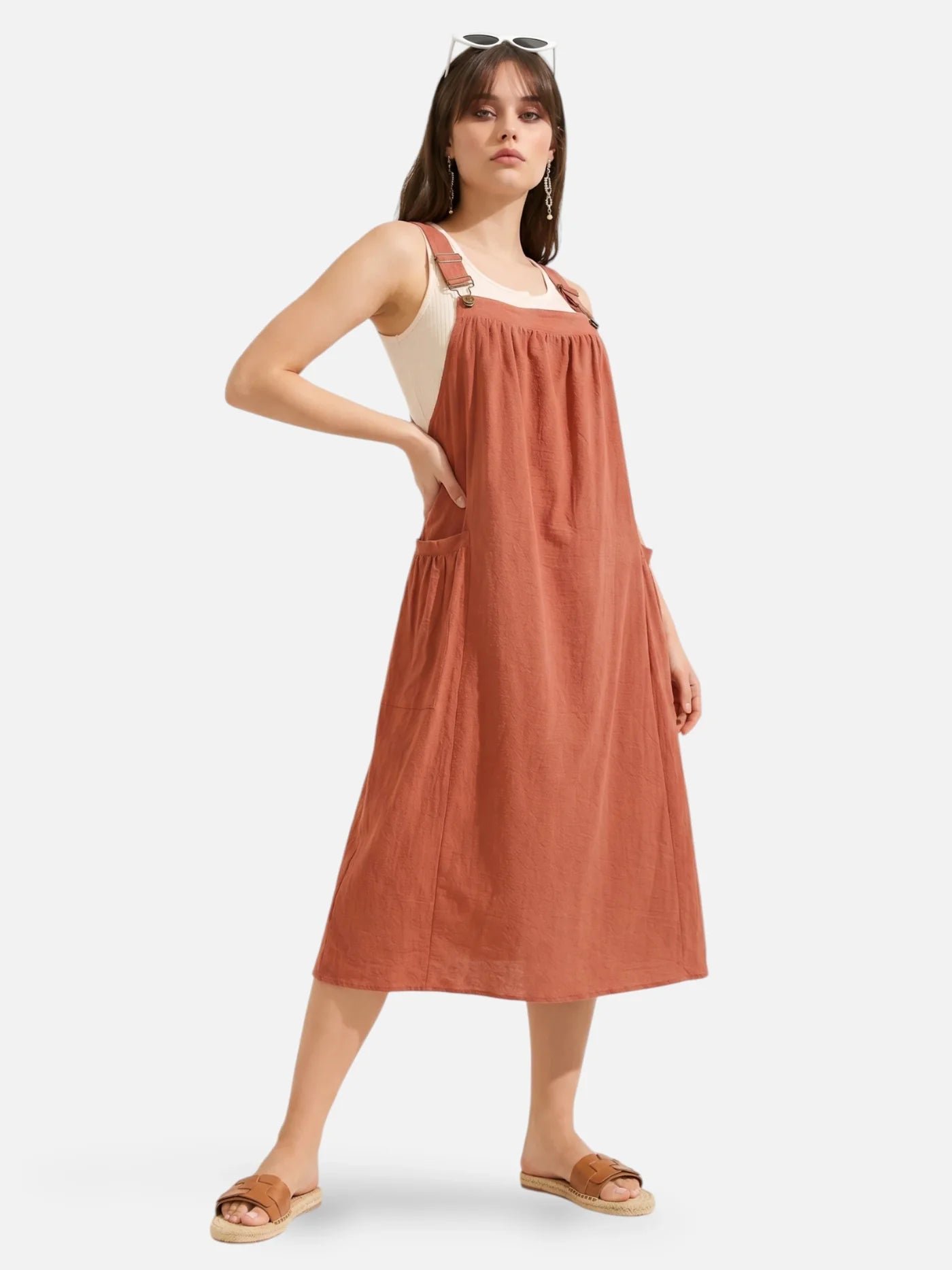 Women's Midi Pinafore Dress with Adjustable Straps and Side Pockets
