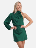 Women's Satin One-Shoulder Mini Dress with Draped Mock Neck