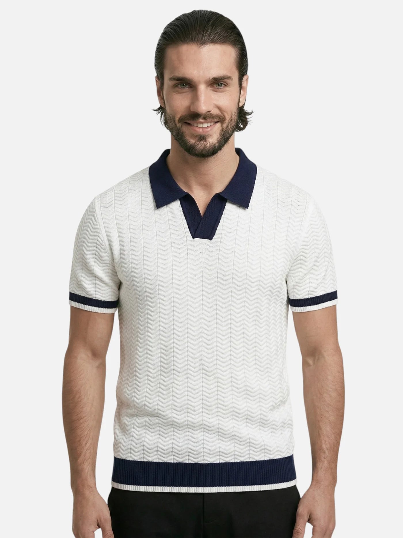 Men’s Textured Knit Polo Shirt Short Sleeve Contrast Collar Lightweight