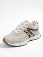 Women's Beige Sneakers with Leopard Print Accents