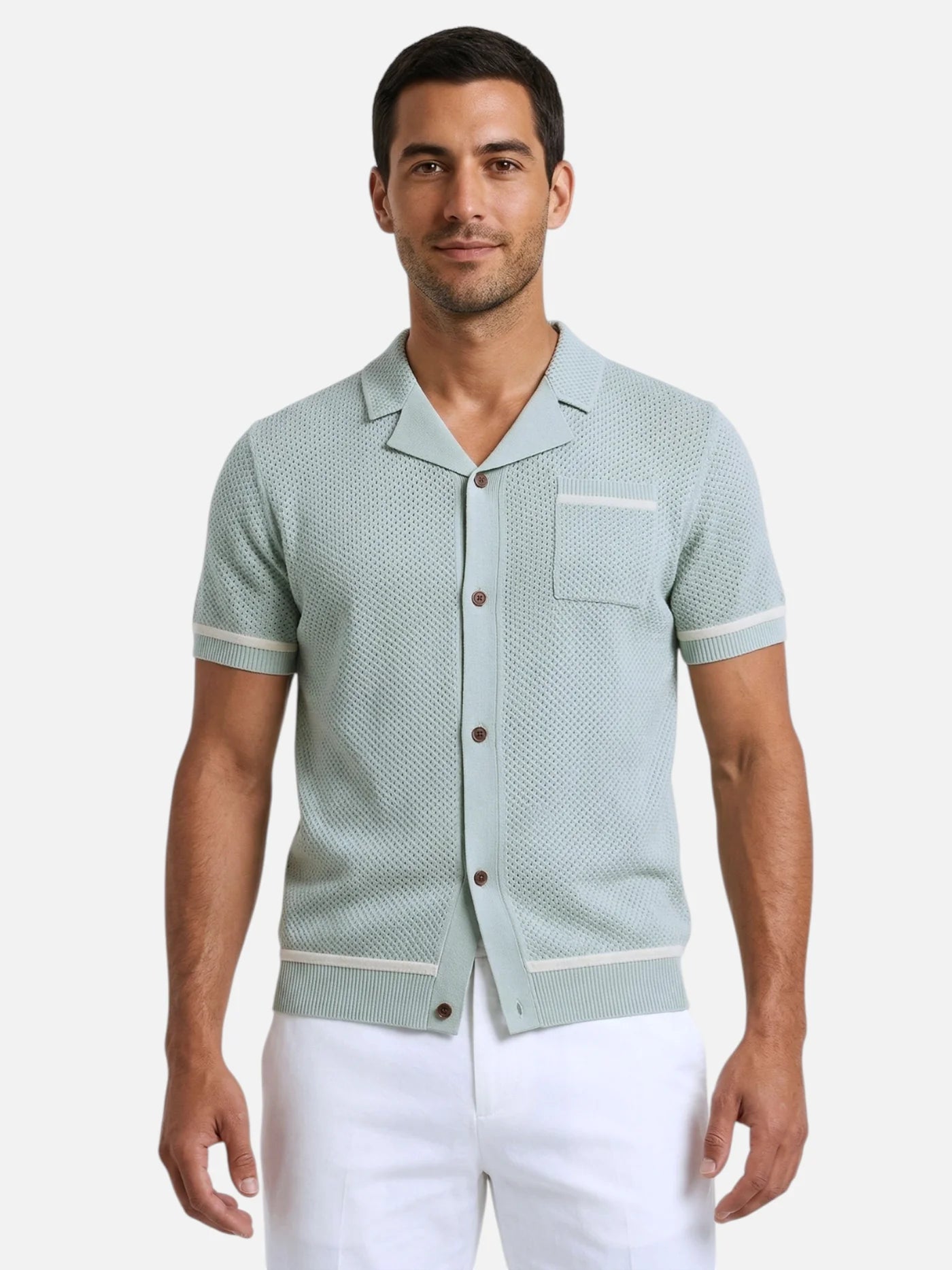Men’s Breathable Knit Polo Shirt Open Collar Button Front Short Sleeve