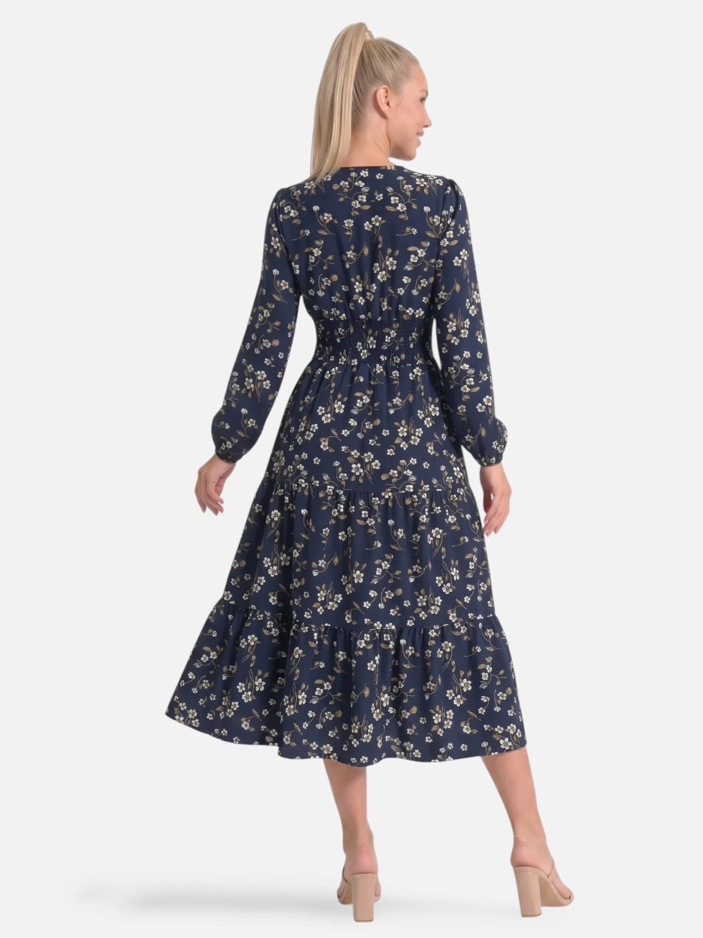 Women's Floral Midi Dress with Long Sleeves and Smocked Waist