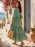 Women's Floral Maxi Dress with V-Neck, Puff Sleeves and Tiered Skirt