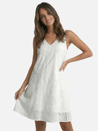 Women’s White Eyelet Lace Dress with V Neck and Flowy Fit