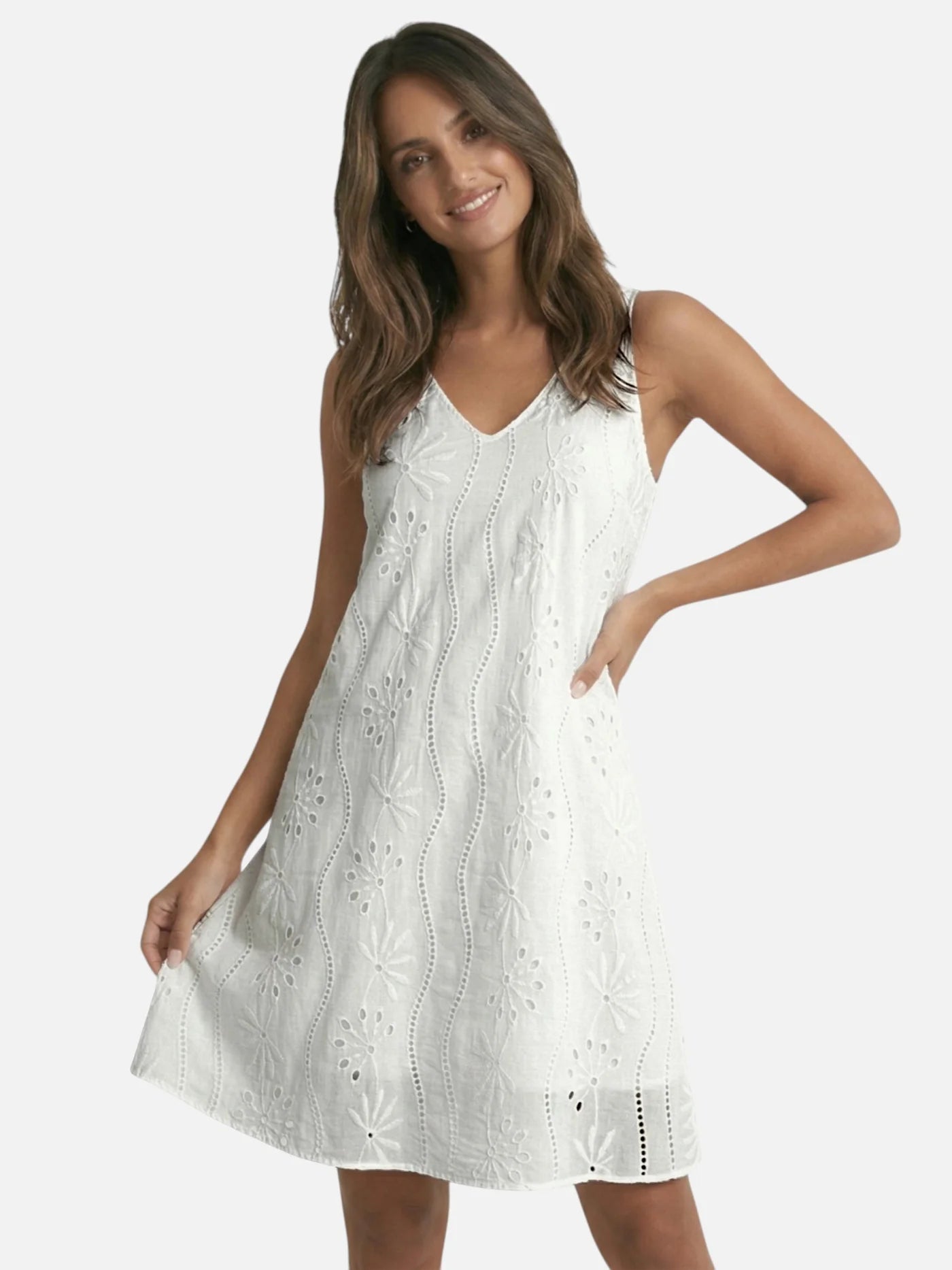 Women’s White Eyelet Lace Dress with V Neck and Flowy Fit