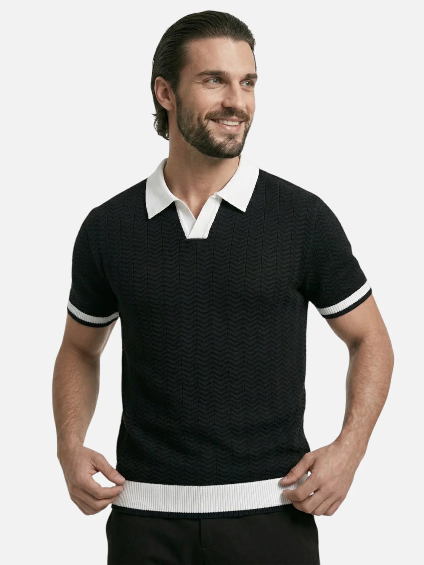 Men’s Textured Knit Polo Shirt Short Sleeve Contrast Collar Lightweight