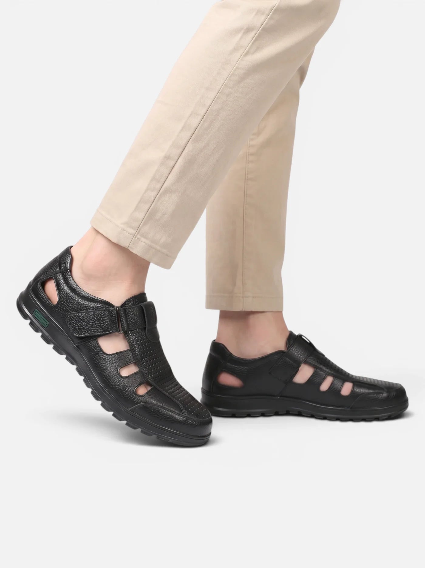 Men's Leather Fisherman Shoe with Velcro Strap and Cutout Detail