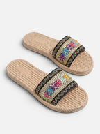 Women's Boho Slide Sandal with Embroidered Strap and Braided Sole
