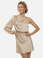 Women's Satin One-Shoulder Mini Dress with Draped Mock Neck