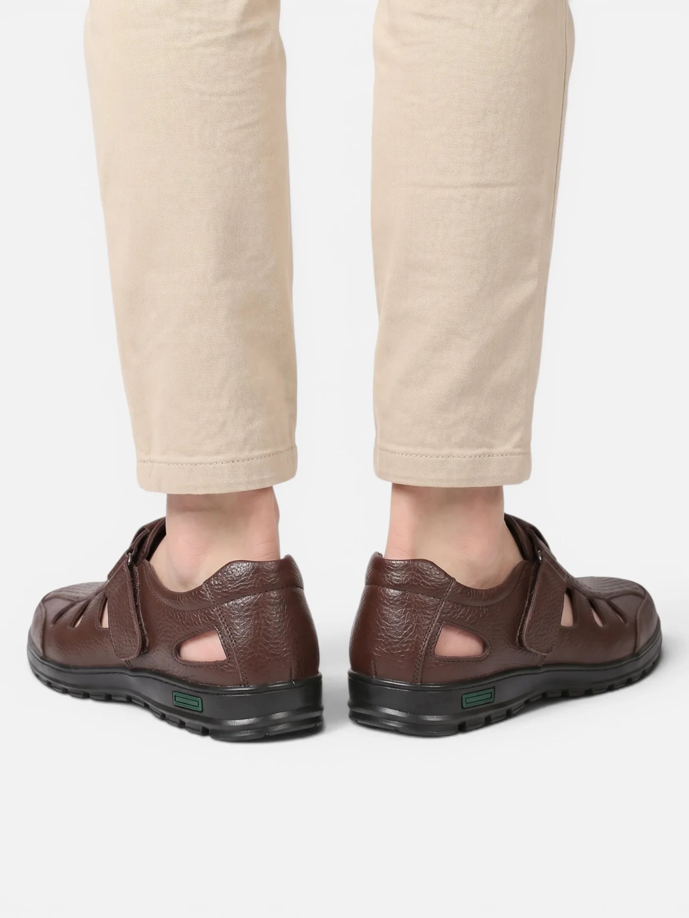 Men's Leather Fisherman Shoe with Velcro Strap and Cutout Detail