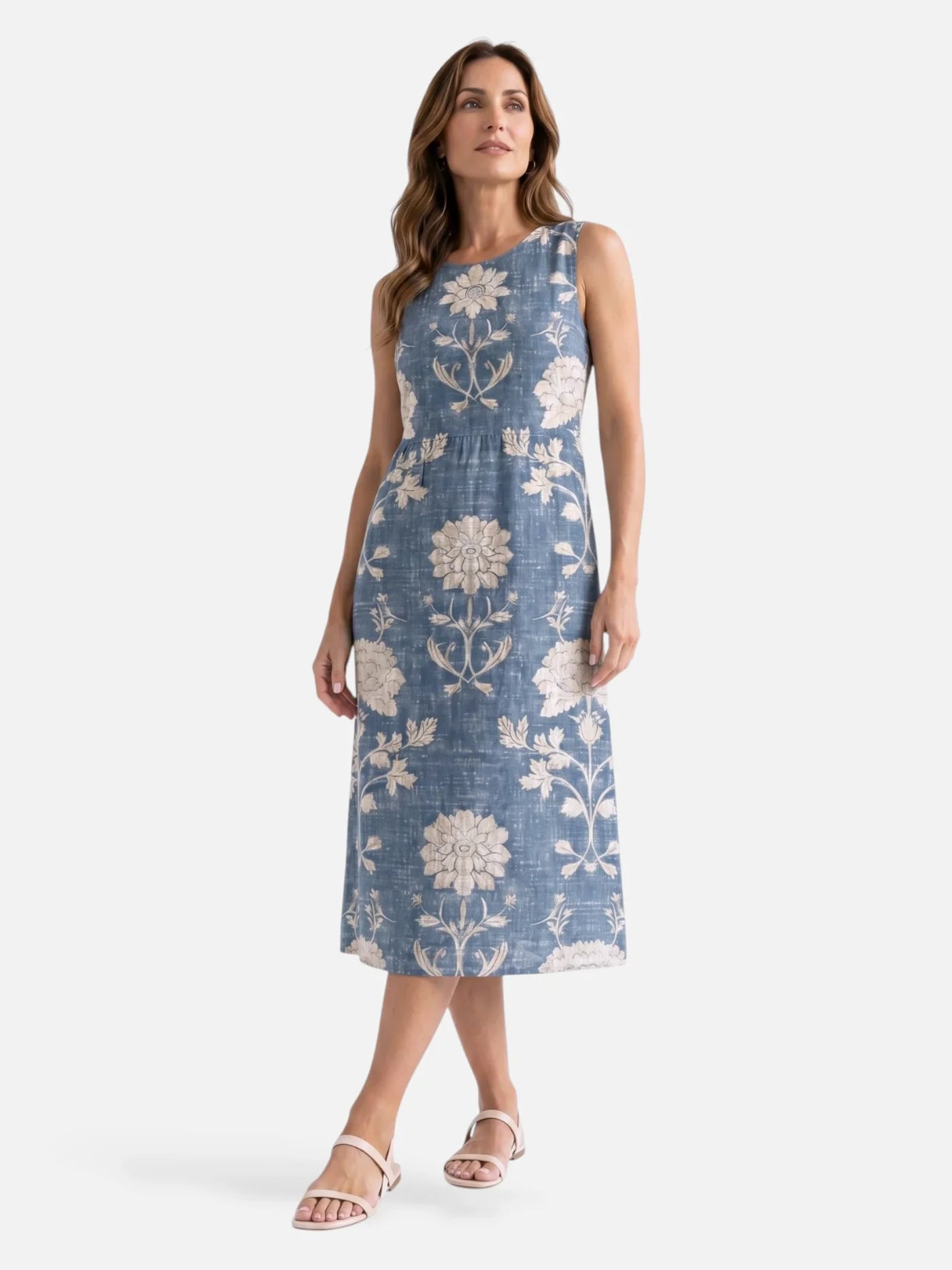 Women's Floral Print Sleeveless Midi Dress with Round Neck