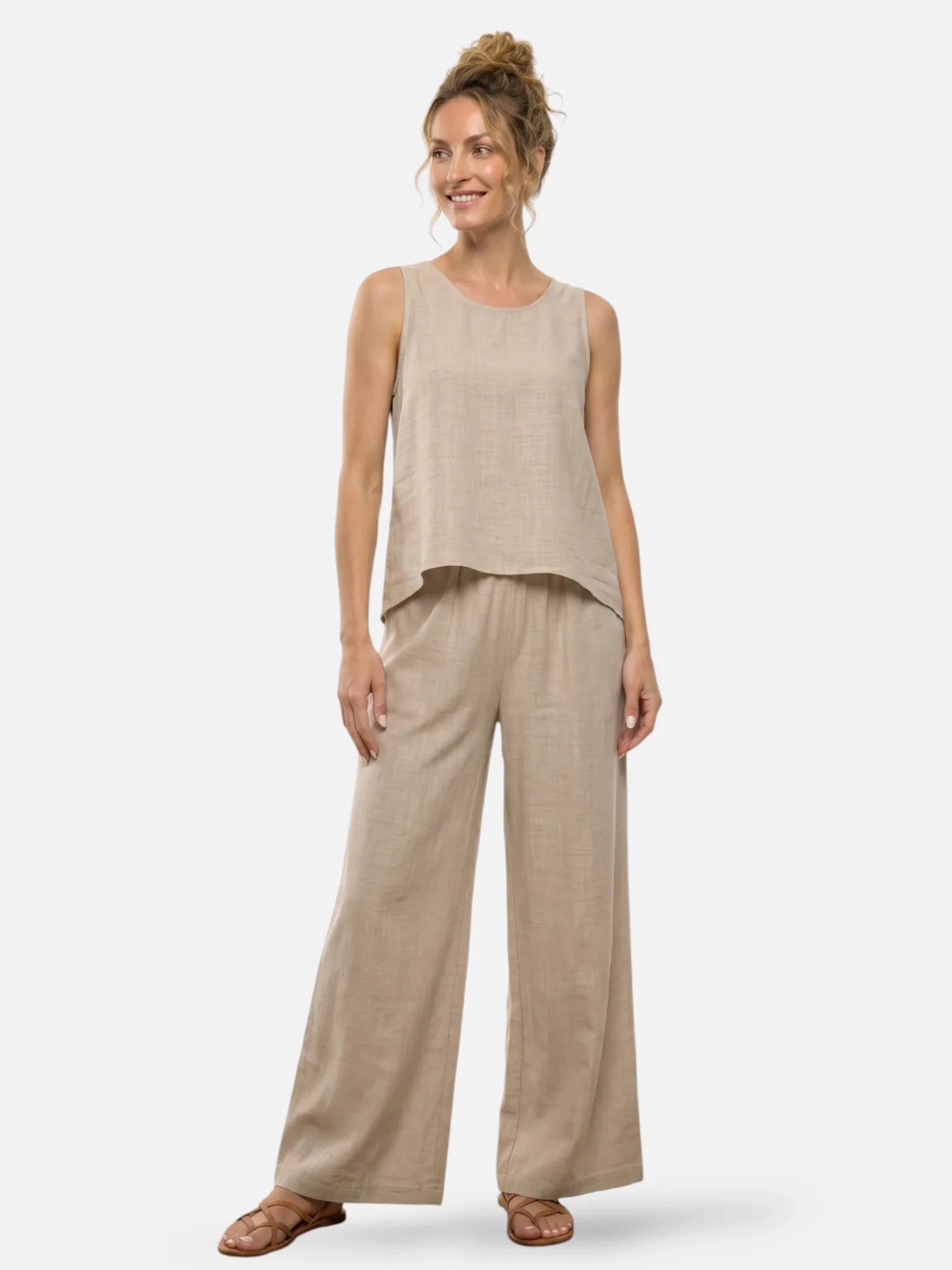 Women's Linen-Look Two-Piece Set with Crochet Back Detail