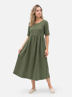 Women's Midi Dress with Linen-Look, Short Sleeves and Pockets
