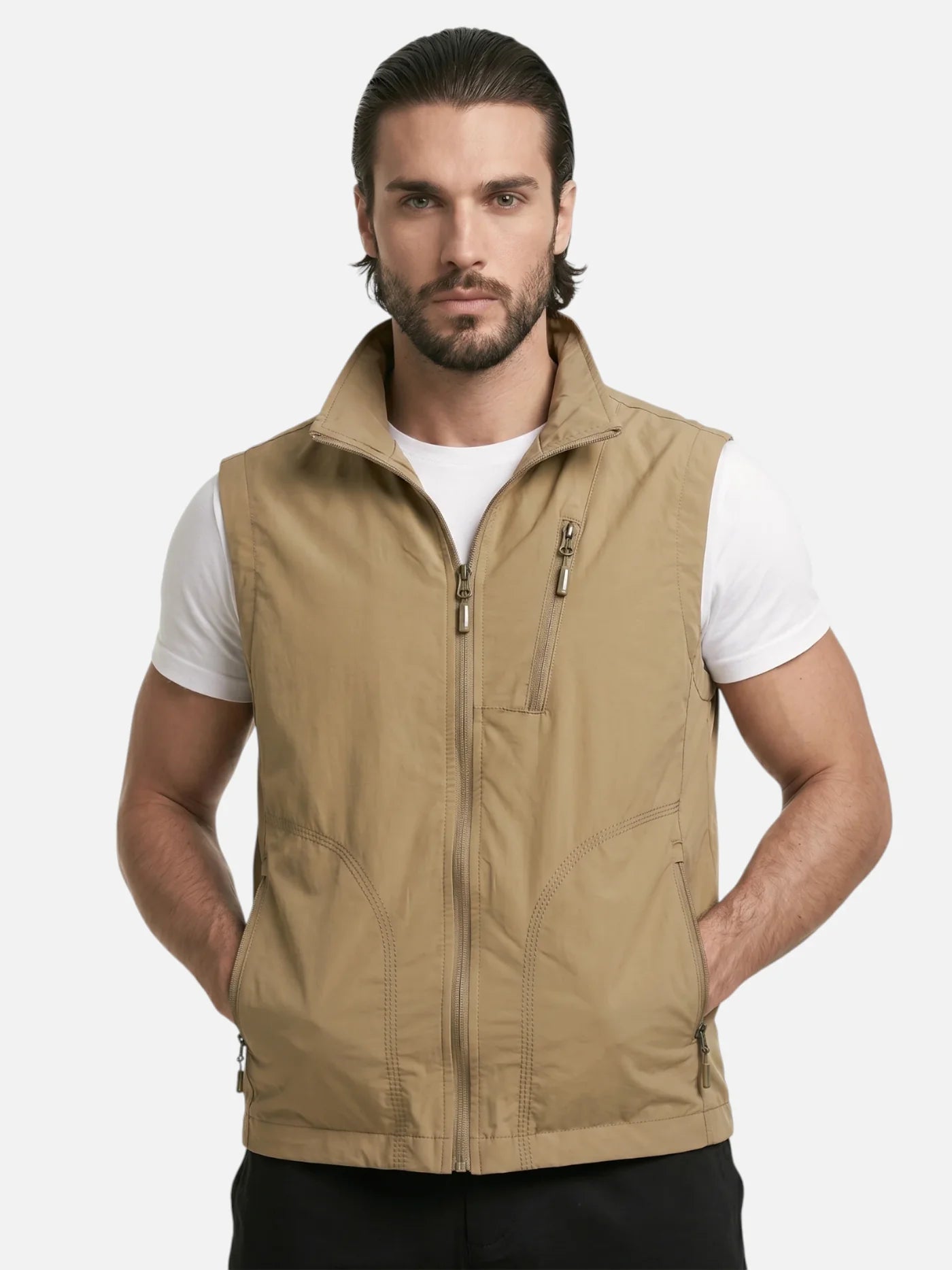 Men's Multi-Pocket Vest with Stand Collar