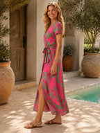 Women's Floral Wrap Maxi Dress with Short Sleeves and Tie Waist