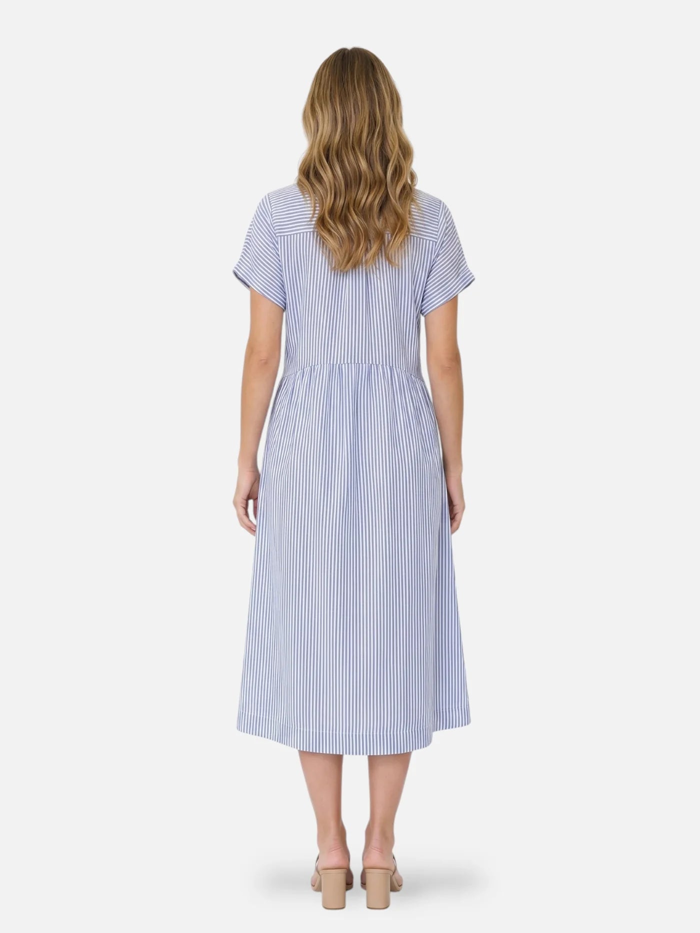 Women's Striped Midi Shirt Dress with Collar and Flared Skirt