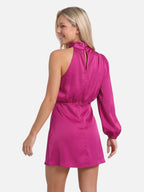 Women's Satin One-Shoulder Mini Dress with Draped Mock Neck