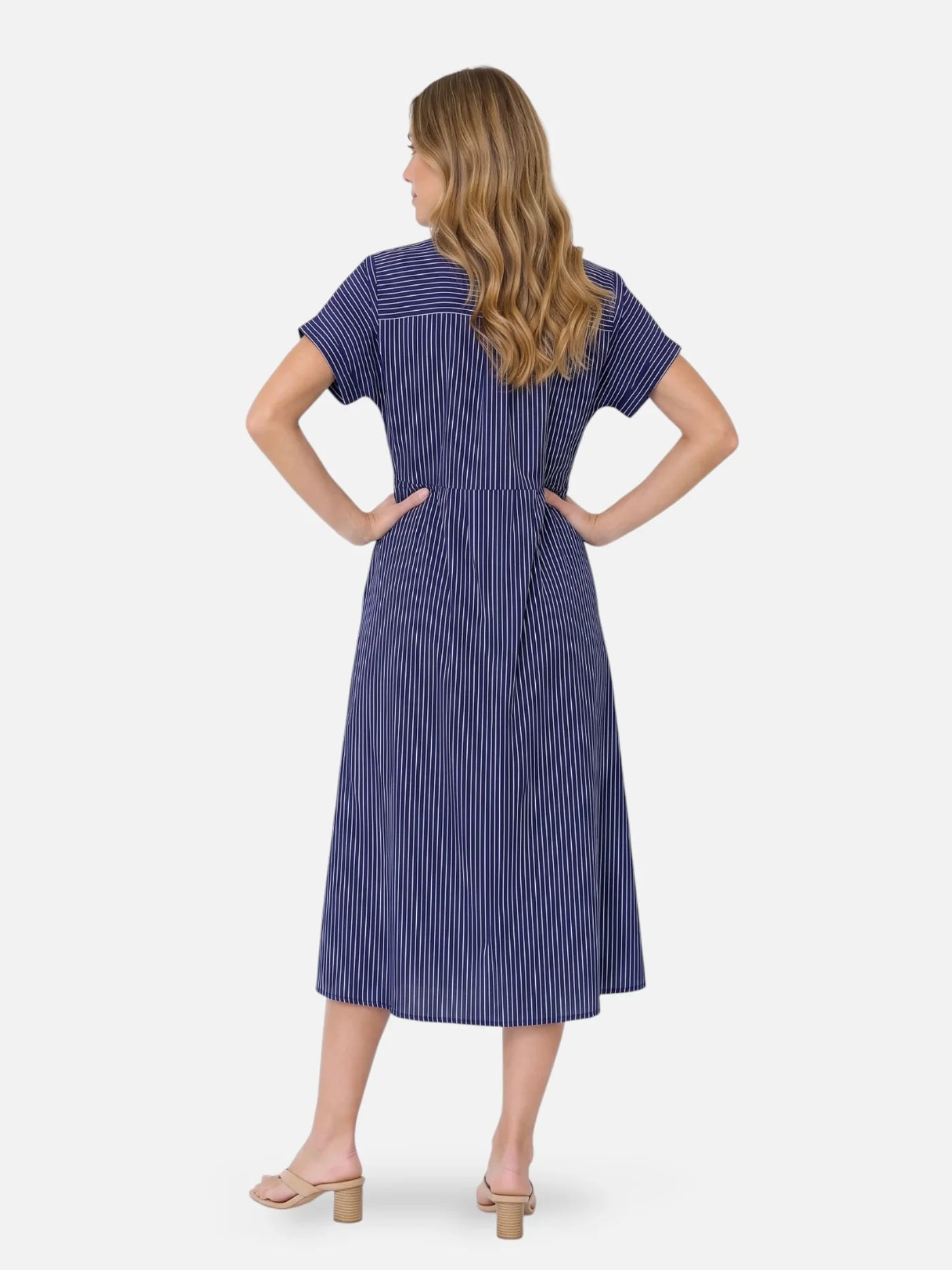 Women's Striped Midi Shirt Dress with Collar and Flared Skirt