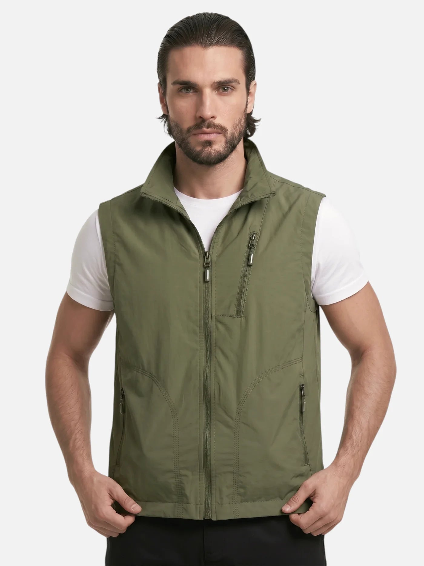 Men's Multi-Pocket Vest with Stand Collar