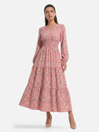 Women's Floral Midi Dress with Long Sleeves and Smocked Waist