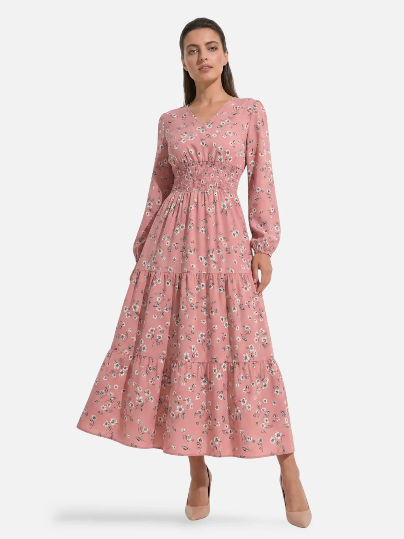 Women's Floral Midi Dress with Long Sleeves and Smocked Waist