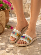 Women's Boho Slide Sandal with Embroidered Strap and Braided Sole
