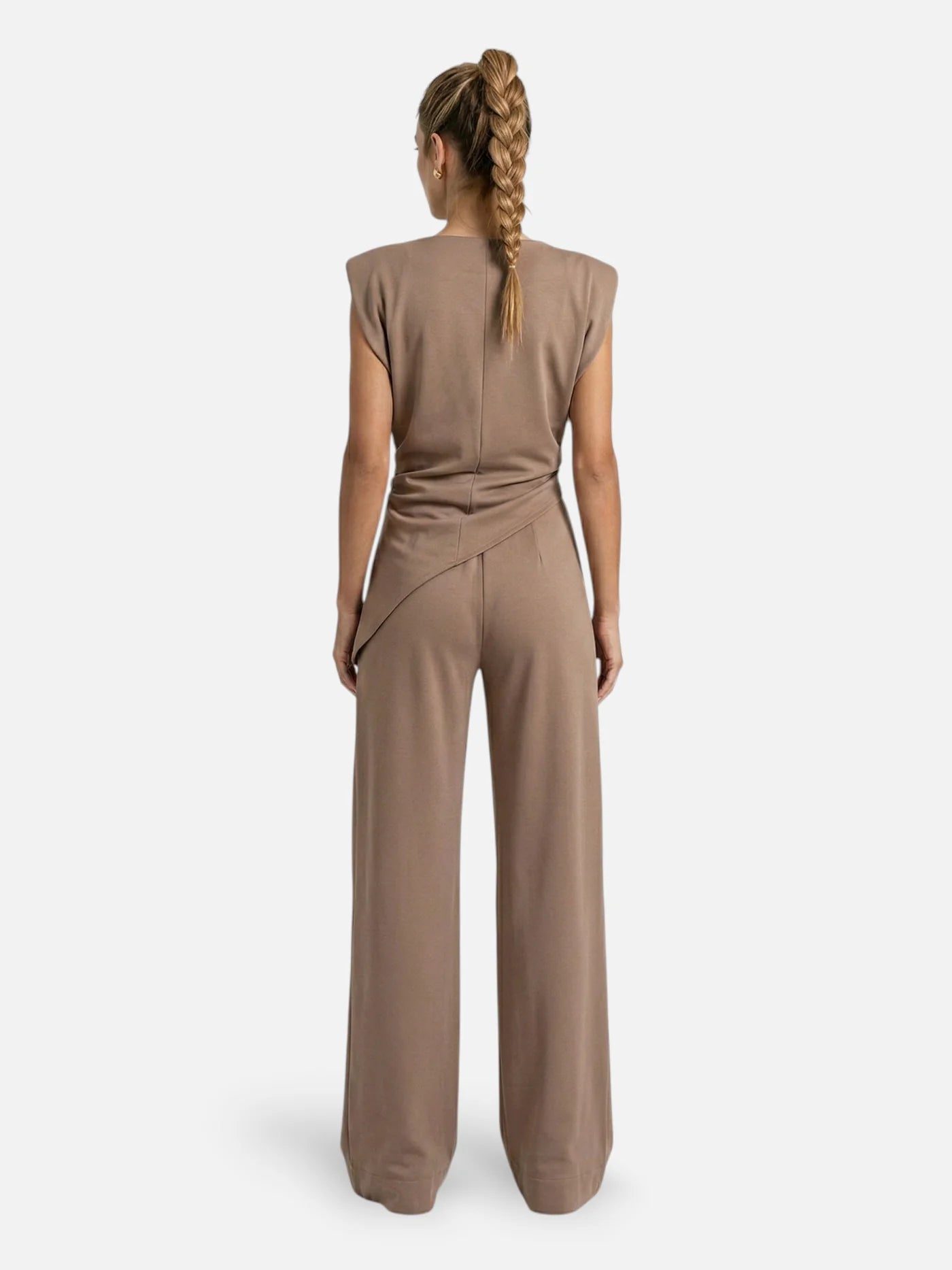 Women’s Two-Piece Set with Asymmetrical Draped Top and Wide-Leg Pants