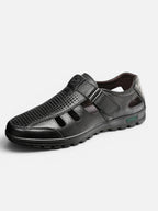Men's Leather Fisherman Shoe with Velcro Strap and Cutout Detail