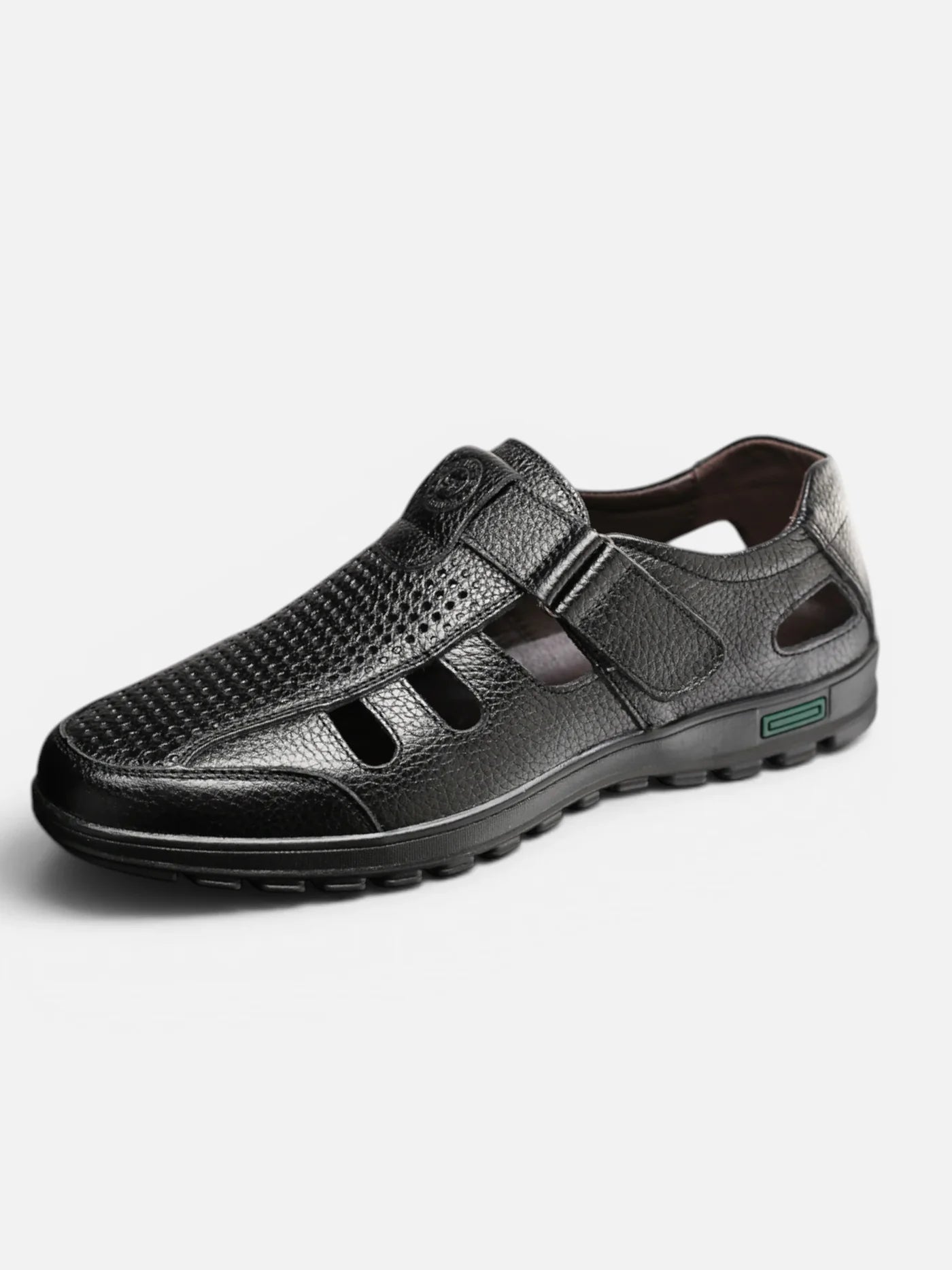 Men's Leather Fisherman Shoe with Velcro Strap and Cutout Detail