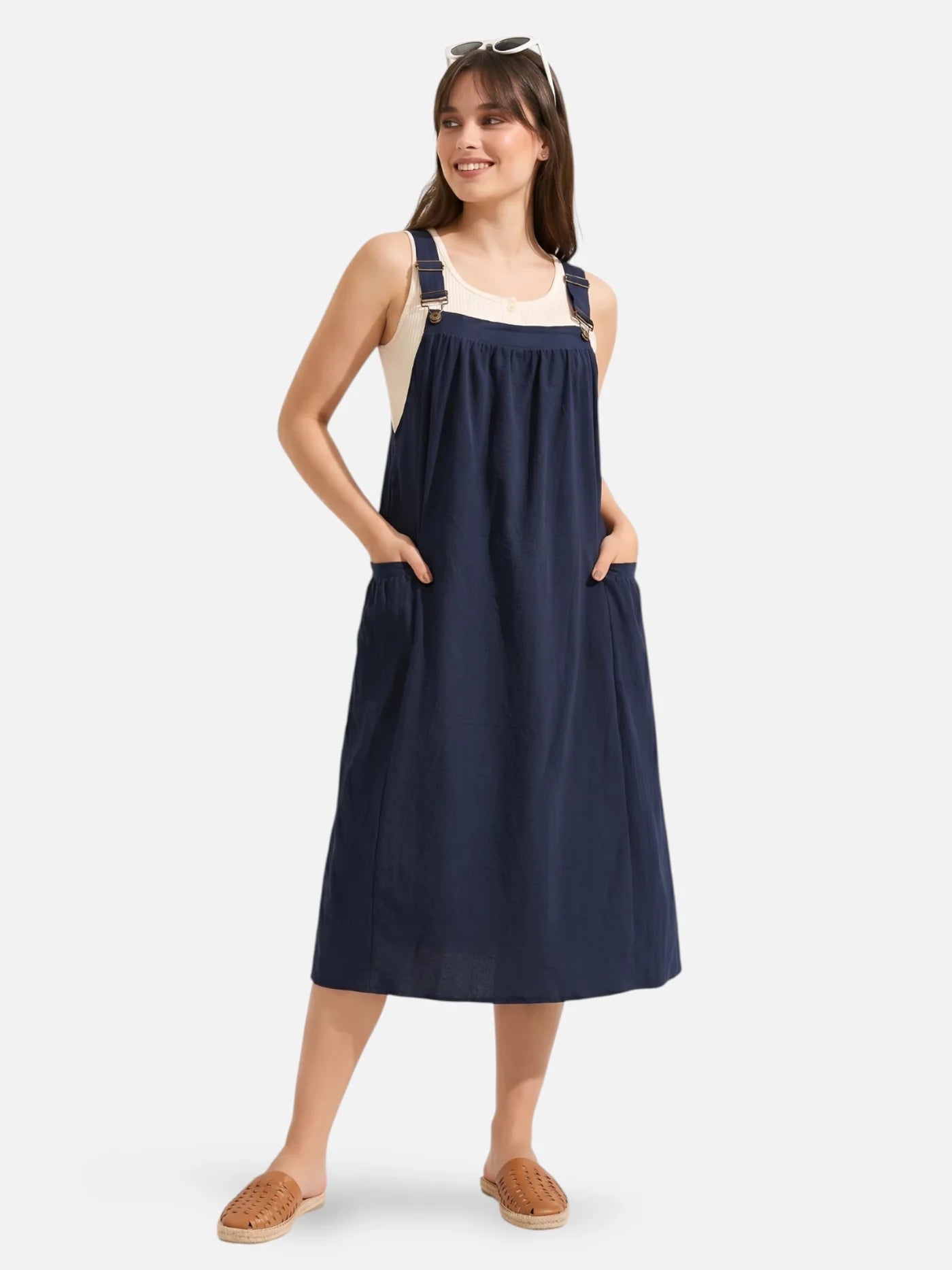 Women's Midi Pinafore Dress with Adjustable Straps and Side Pockets