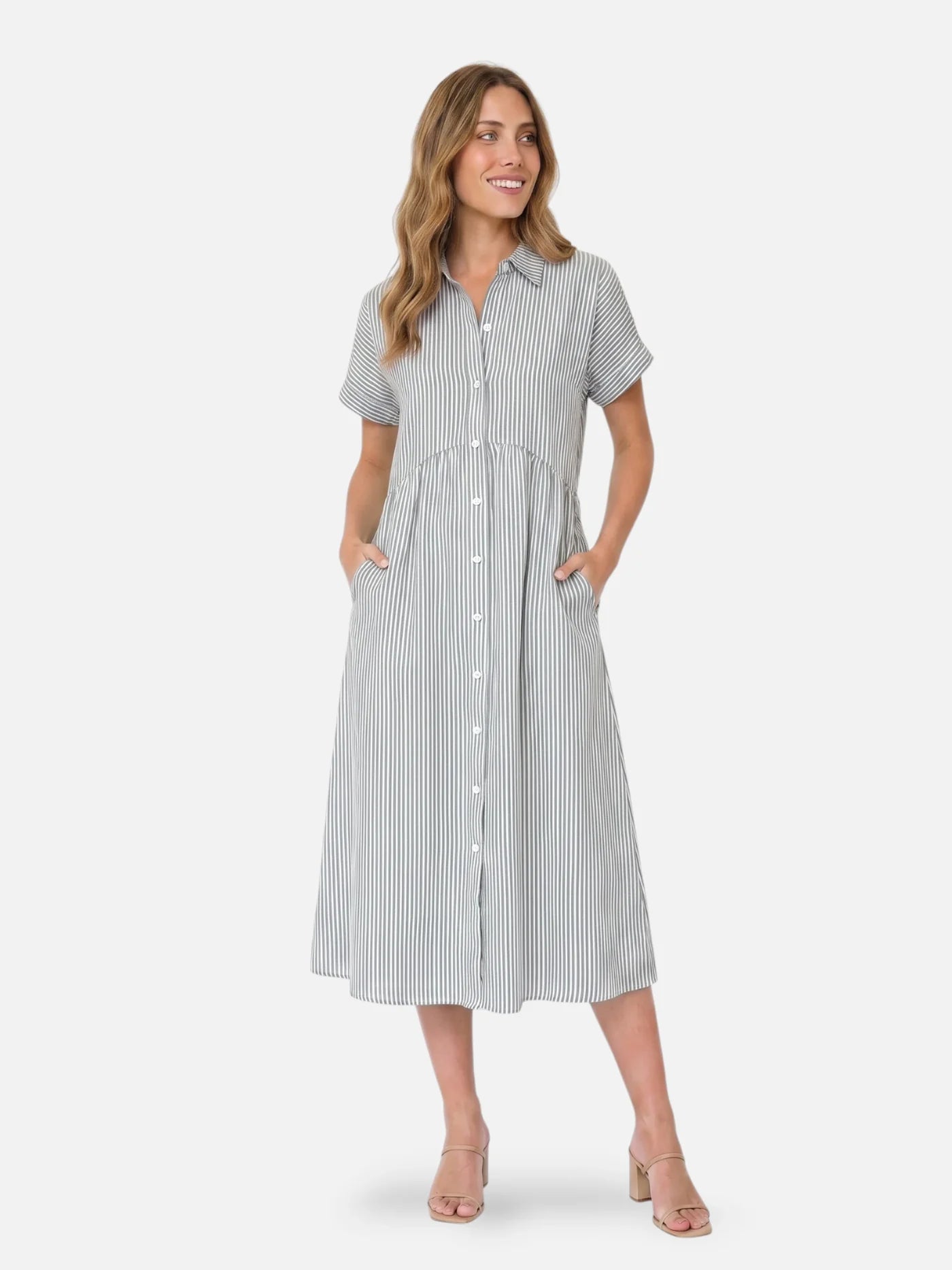 Women's Striped Midi Shirt Dress with Collar and Flared Skirt