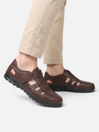 Men's Leather Fisherman Shoe with Velcro Strap and Cutout Detail